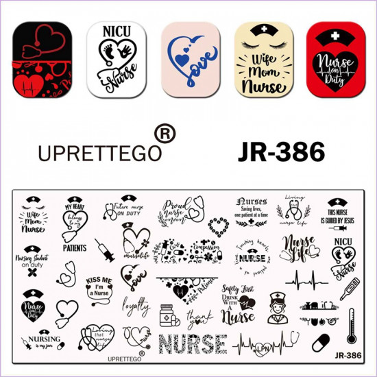 Stempelen plaat JR-386 uprettego Verpleegkundige, spuit, medicijnen, phonendoscoop, cardiogram, hart, zinnen in het Engels, 952772148, stempelen UPRETTYGO, schoonheid en gezondheid. Alles voor schoonheidssalons, alles voor manicure, gelvernissen, koop in 