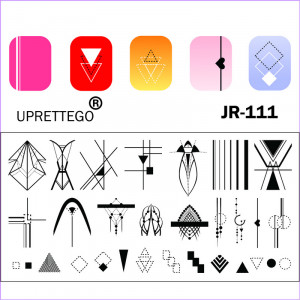 Stamping plate Geometry, patterns, ornament, lines, triangles, line with dots, rhombus, heart JR-111