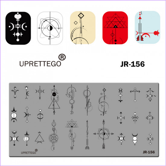 Géométrie de la plaque destampage, motifs, points cardinaux, boussole, triangles, cercles, lignes, lune, points, flèches, motif dornement JR-156-3206-uprettego-estampillage