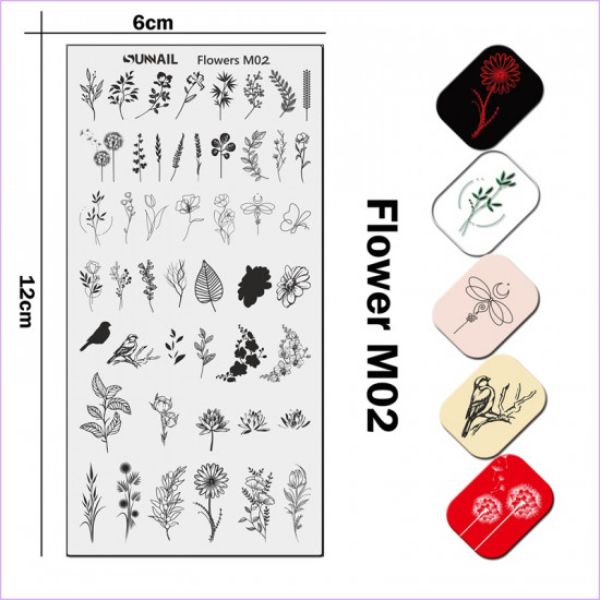 Plaat voor het stempelen van bloemen, kamille, bladeren, vlinder Flower M02-3212-uprettego-Stempelen