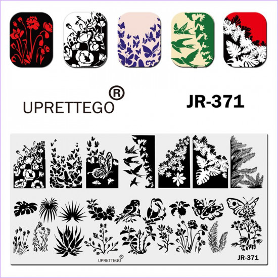 Stamping plate JR-371 butterflies, parrot, fern, poppies, swallows, palm trees, uprettygo, 3212, Stamping UPRETTYGO,  Health and beauty. All for beauty salons,All for a manicure ,Gel varnishes, buy with worldwide shipping