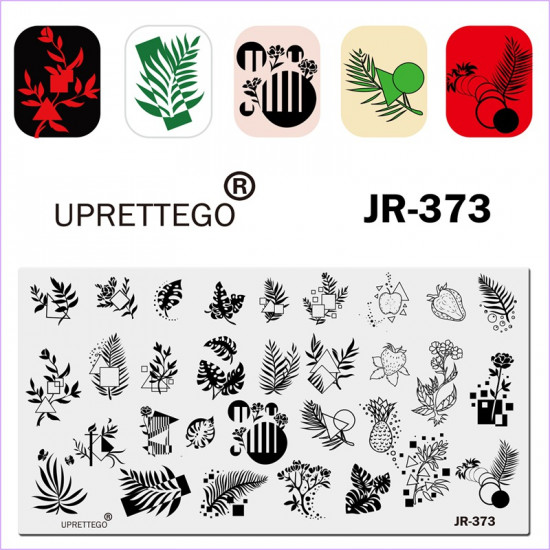 Пластина для стемпинга Uprettego JR-373, папоротник, геометрия, листочки, фрукты, ананас, цветок, клубника, яблока, цветы, 3212, Стемпинг UPRETTYGO,  Красота и здоровье. Все для салонов красоты,Все для маникюра ,Гель лаки, купить в Украине