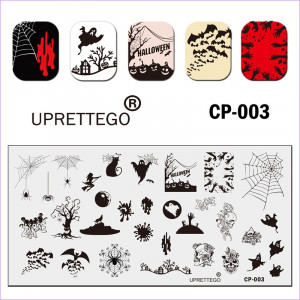 Uprettego JR-CP-003E Stempelen Plaat Halloween, spinnen, spinnenweb, zombies, vleermuizen, schedel, bloemen, spoken, kat, vlekken, heks, boom, wolf, maan