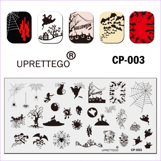 Uprettego  JR-CP-003E Stamping plate Halloween, spiders, cobwebs, zombies, bats, skull, flowers, ghosts, cat, blots, witch, tree, wolf, moon, 952772133, Stamping UPRETTYGO,  Health and beauty. All for beauty salons,All for a manicure ,Gel varnishes, buy w