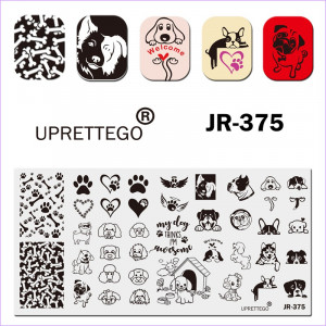 JR-375 Uprettego Hund Stempelplatte, Pfoten, Schnauzen, Stand, Knochen, Pfotenabdruck. Patterns