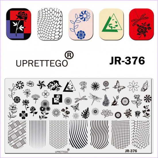 Пластина для стемпинга Uprettego JR-376 цветы, растения, папоротник, бабочка, стрекоза, узоры, геометрия, фигуры, полосы, 952772138, Стемпинг UPRETTYGO,  Красота и здоровье. Все для салонов красоты,Все для маникюра ,Гель лаки, купить в Украине