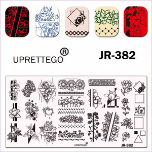 JR-382 Uprettego Blumen, Muster, Vögel, Ornamente, Pflanzen, Geometrie, Formen, Herz-Stempelplatte