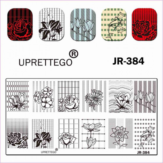 Пластина для стемпинга JR-384 цветы, узоры, орнаменты, розы, лилии, полосы, точки, клетки Uprettego, 952772146, Стемпинг UPRETTYGO,  Красота и здоровье. Все для салонов красоты,Все для маникюра ,Гель лаки, купить в Украине