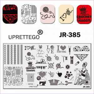 Uprettego JR-385 Stempelplatte Stricken, Gewirr, Faden, Stricknadeln, Herz, Mädchen, Pin, Schere, Phrasen, Knöpfe