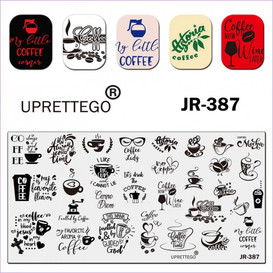 Stamping plate JR-387 coffee, cups, mugs, glass, heart, coffee grinder, glasses, glass. cross, phrases in english uprettego, 952772149, Stamping UPRETTYGO,  Health and beauty. All for beauty salons,All for a manicure ,Gel varnishes, buy with worldwide shi