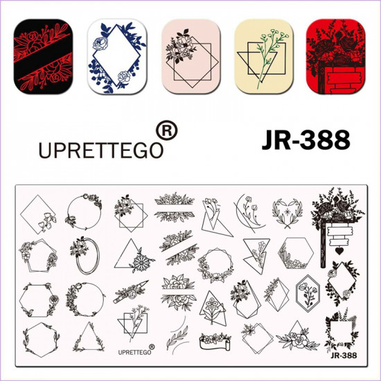 Plaque destampage Uprettego JR-388 fleurs, couronnes, géométrie, formes, cercle, plantes, crayon coeur, losange, triangle, cadre avec fleurs-952772151-uprettego-estampillage