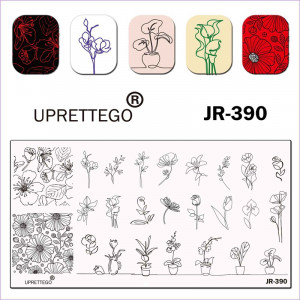 Stamping plate JR-390 Uprettego flowers, potted houseplants, compositions, flowerpot, delicate flowers