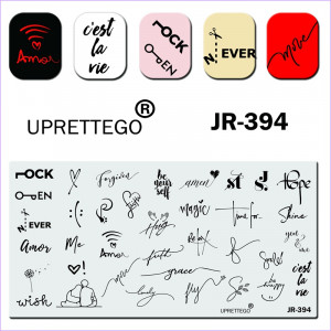 The plate for stamping JR-394 words, keys, letters, heart. scissors, guy and girl, curls uprettego