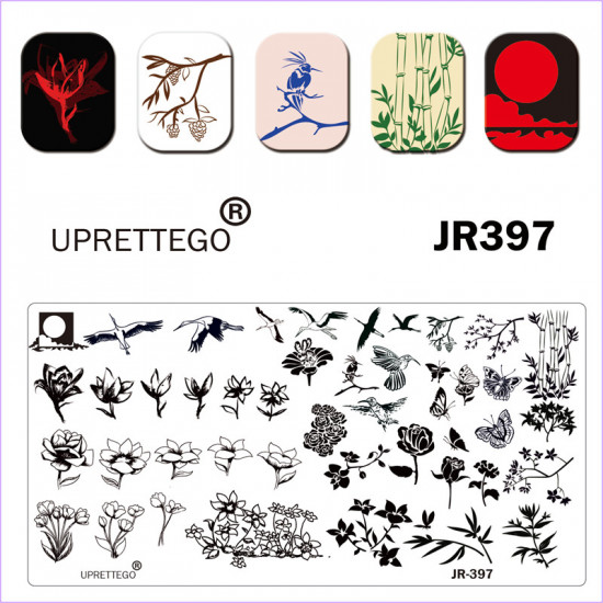 Stamping plate JR-397 flowers, butterflies, birds, cranes, landscape, bamboo, plants, Japan Uprettego, 952772159, Stamping UPRETTYGO,  Health and beauty. All for beauty salons,All for a manicure ,Gel varnishes, buy with worldwide shipping