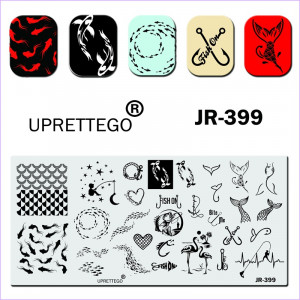 JR-399 Uprettego Fisch Stempel Platte, Fischschwänze, Angeln, Fischschwärme, Flamingos, Muster, Haken, Anker, Herz, Monat und Sterne