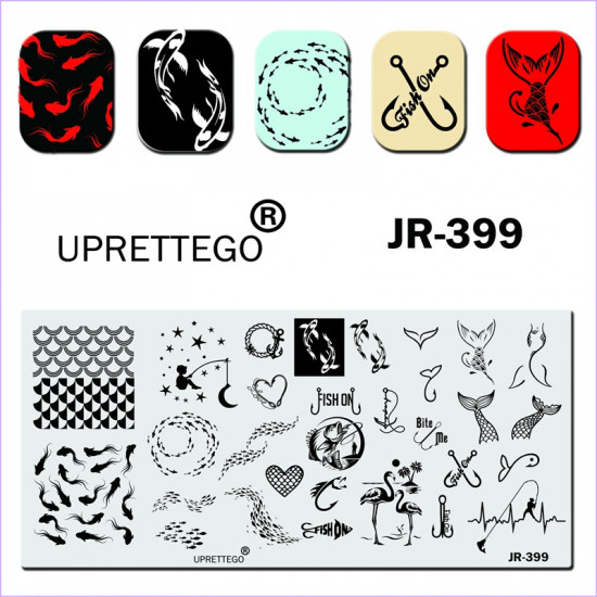 Stamping Plate JR-399 Uprettego fish, fish tails, fishing, flocks of fish, flamingos, patterns, hook, anchor, heart, month and stars, 952772161, Stamping UPRETTYGO,  Health and beauty. All for beauty salons,All for a manicure ,Gel varnishes, buy with worl