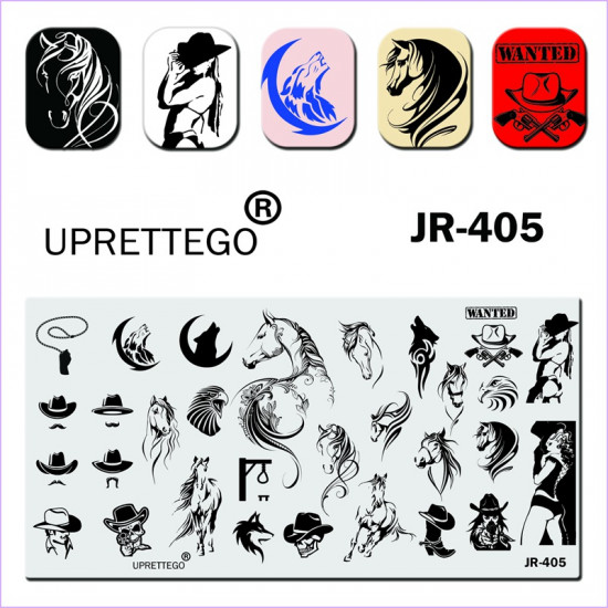 Stamping Plate JR-405 Uprettego cowboys, hats, mustaches, horses, horses, wolf, girls, skull, gallows, eagle, boots, 952772167, Stamping UPRETTYGO,  Health and beauty. All for beauty salons,All for a manicure ,Gel varnishes, buy with worldwide shipping