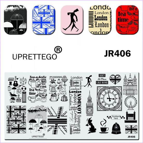 Uprettego JR-406 England stamping plate, flag, umbrellas, tea, cupcakes, inscriptions, clocks, symbols, buildings, cups, Ferris wheel, 952772168, Stamping UPRETTYGO,  Health and beauty. All for beauty salons,All for a manicure ,Gel varnishes, buy with wor