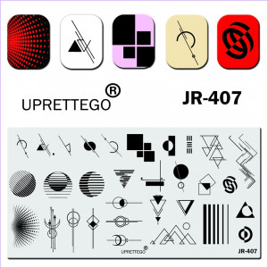 Stamping plate JR-407 Uprettego geometry, shapes, patterns, ornament, circles, triangles, stripes, spots