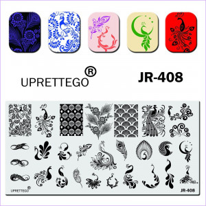 Stamping plate JR-408 firebird, patterns, ornament, plants, flowers, feathers, infinity Uprettego