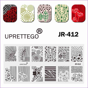  Płyta do stemplowania Uprettego JR-412 kwiaty, rośliny, ornament, wzory, paski, kropki, kreski, maki