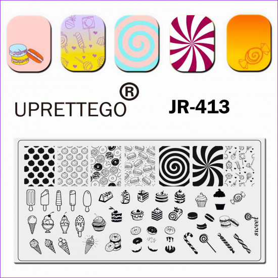 Stempelen plaat JR-413 uprettego snoep, dessert, cakes, koekjes, ijs, donuts, snoepjes, spiraal, 952772175, stempelen UPRETTYGO, schoonheid en gezondheid. Alles voor schoonheidssalons, alles voor manicure, gelvernissen, koop in Oekraïne