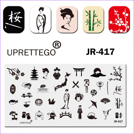 Stamping plate JR-417 Japan, Geisha, Sumo, Bonsai, Samurai, Umbrella, Fan, Mountains, Sakura, Sushi, Crane, Bamboo, Sword, Lantern Uprettego, 952772179, Stamping UPRETTYGO,  Health and beauty. All for beauty salons,All for a manicure ,Gel varnishes, buy w