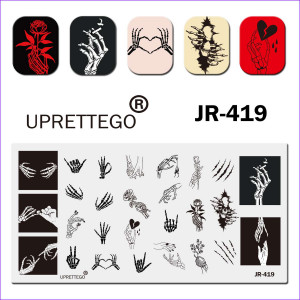 Uprettego JR-419 stamping plate hands, bones, skeleton, heart, roses, skull, flowers, signs, claw marks