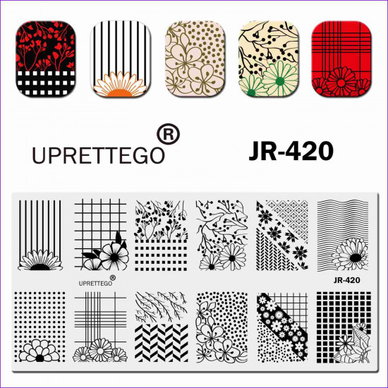 Uprettego JR-420 stempelen plaat ornament, bloemen, patronen, lijnen, stippen, vierkantjes, madeliefjes, geometrie, 952772182, uprettygo stempelen, schoonheid en gezondheid. Alles voor schoonheidssalons, alles voor manicure, gelvernissen, koop in Oekraïne