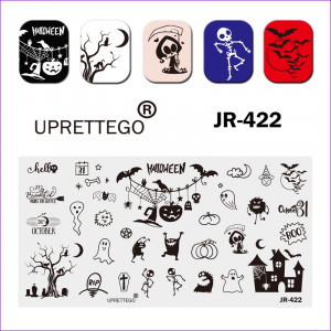 Uprettego JR-422 Stamping plate Halloween, pumpkins, skeletons, bats, ghosts, cemetery, tombstones, cobwebs, October 31