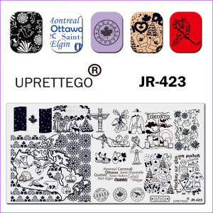 Stamping plate JR-423 Uprettego Canada. inscriptions, flag, hockey, symbols, moose, bear, forest, stamps, maple, stick, skates, mittens