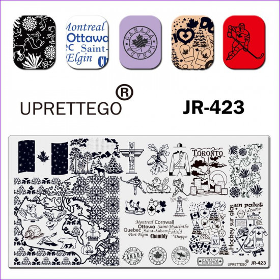 Пластина для стемпинга JR-423 Uprettego Канада. надписи, флаг, хоккей, символика, лось, медведь, лес, штампы, клен, клюшка, коньки, варежки, 952772185, Стемпинг UPRETTYGO,  Красота и здоровье. Все для салонов красоты,Все для маникюра ,Гель лаки, купить в 