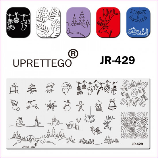 Plaque destampage JR-429 Uprettego hiver, nouvel an, Père Noël, cadeaux, cônes, arbres de Noël, cerf, bonhomme de neige, cloche, mitaine-952772192-uprettego-estampillage