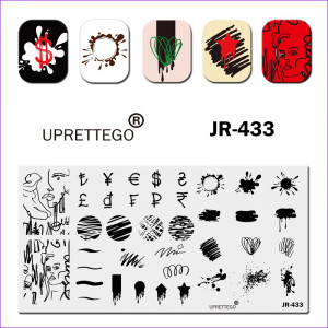 Stamping plate JR-433 faces, girls, abstraction, blots, lines, money signs, geometry, splashes, stichos Uprettego