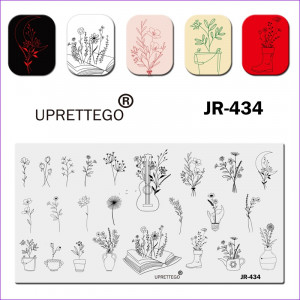 Stempelen plaat UPRETTEGO JR-434 potten kamerplanten, bloemen, boeketten, gitaar, boek, maand, laars, delicate bloemen