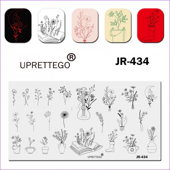 Пластина для стемпинга Uprettego JR-434 комнатные растения в горшках, цветы, букеты, гитара, книга, месяц, сапог, 952772196, Стемпинг UPRETTYGO,  Красота и здоровье. Все для салонов красоты,Все для маникюра ,Гель лаки, купить в Украине