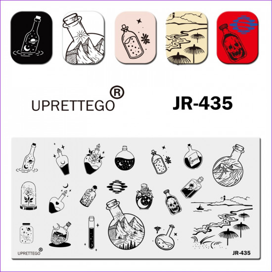 Plaat voor het stempelen JR-435 uprettego flessen, potten. kolf, reageerbuis, roos, bloemen. landschappen, bergen, rivieren, strand, brief, zee, ruimte, hemel, schedel, 952772197, uprettygo stampen, schoonheid en gezondheid. Alles voor schoonheidssalons, 