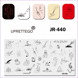 Uprettego JR-440 Stempelen Plaat meisjes, vrouwen, bloemen, brieven, manuscript, pen, boeken, Beker, vogels, gitaar, lezing, creativiteit, viool