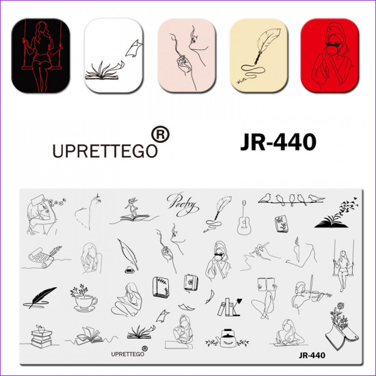 Uprettego JR-440 stempelen plaat meisjes, vrouwen, bloemen, brieven, manuscript, pen, boeken, Beker, vogels, gitaar, lezen, creativiteit, viool, 952772202, uprettygo stempelen, schoonheid en gezondheid. Alles voor schoonheidssalons, alles voor manicure, g