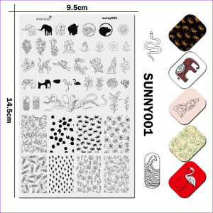 Stamping plate JR Sunny001 Uprettego animals, elephant, rhinoceros, tiger, lion, wolf, unicorn, gazelle, birds, snake, flamingo, octopus, crabs, bees, cacti, plants