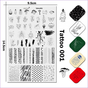 Stamping Plate JR Tattoo 001 Mushrooms, Cats, Butterfly, Key, Candle, Moon, Stars, Hands, Snake, Feather, Bee, Patterns, Plus, Lines, Uprettego Figures