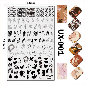 Stamping plate JR-UX-001 ornament, patterns, flowers, monograms, plants, leaves, face, lips, amphorae, spots, blots, lines Uprettego