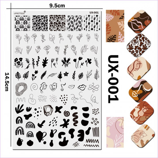 Plaque pour estamper JR-UX-001 ornement, motifs, fleurs, monogrammes, plantes, feuilles, visage, lèvres, amphores, taches, taches, lignes Uprettego-952772212-uprettego-estampillage