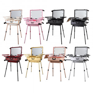 Trousse de beauté, studio de maquillage mobile extérieur, lumière led puissante, grand miroir, nombreuses étagères, pour cosmétiques, studio de valise portable