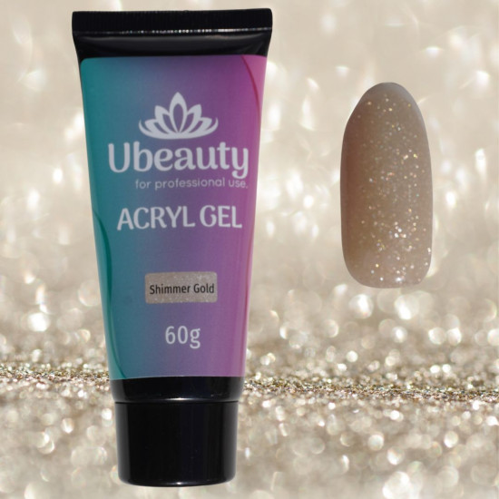 Ubeauty полигель с шиммером Gold 60 мл, Камуфлирующий акрилгель с блестками Юбьюти, сверкающий, золотой-952732992-Ubeauty-Все для маникюра