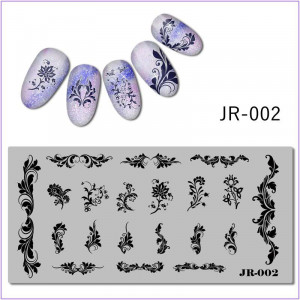 Plaque pour l'impression sur les ongles JR-002, monogrammes, motifs, tatouages, fleurs