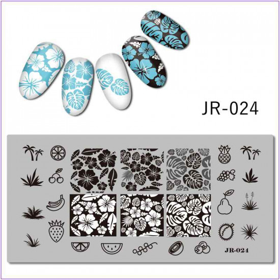 JR-0024 Placa de impressão de unhas Frutas Uva Pera Bagas Folhas Palmeira Cereja Abacaxi