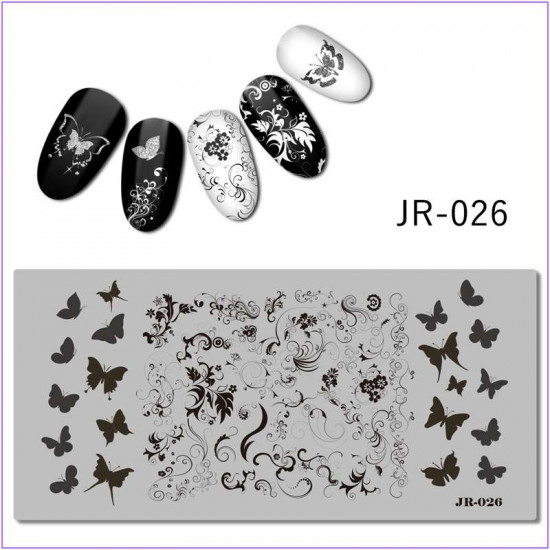 Placa para estampar en uñas JR-0026, monogramas, mariposas, hojas, estampados de flores