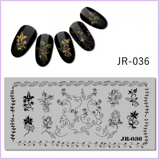 Plaque dimpression pour ongles JR-036, motifs, fleurs, monogrammes, feuilles-3142-uprettego-estampillage