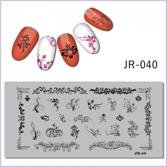 JR-040 Płyta do drukowania paznokci Monogram Ornament Kwiaty Liście Oryginalny wzór loków-3142-uprettego-cechowanie